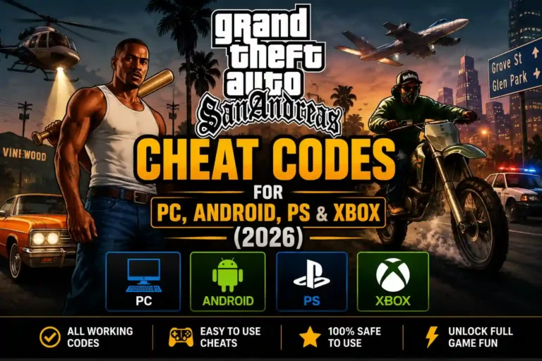 GTA San Andreas Cheat Codes 2026 for PC Android PlayStation and Xbox featuring CJ, vehicles, helicopter, Hydra jet, and gaming platform icons.