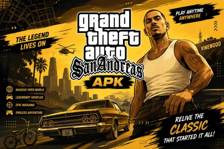 GTA San Andreas APK promo banner with the game logo, a character in a white tank top, a classic car, and feature highlights.