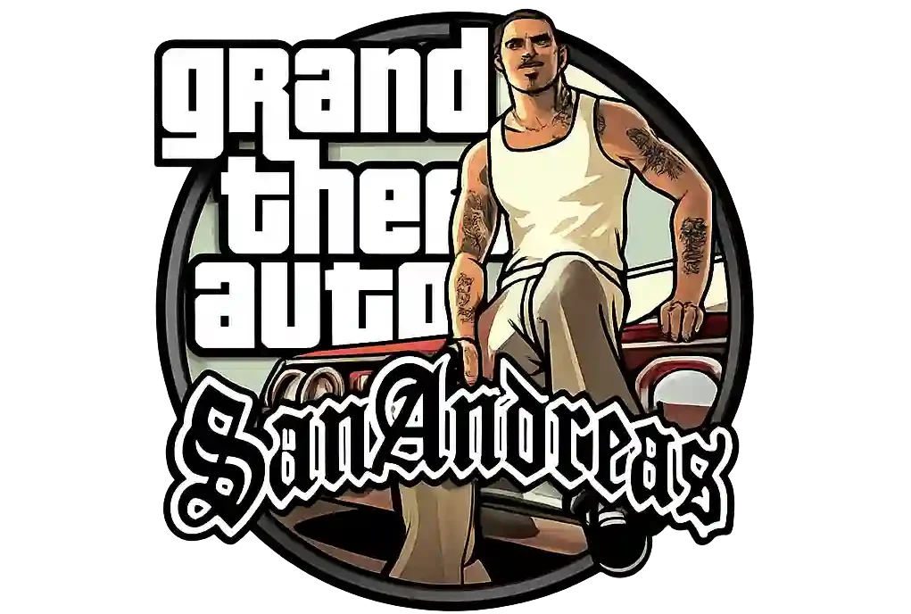 Round GTA San Andreas logo icon with a character in a white tank top leaning on a car.